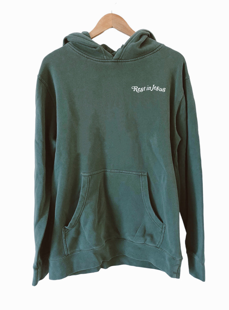 REST IN JESUS VINTAGE GREEN HOODIE