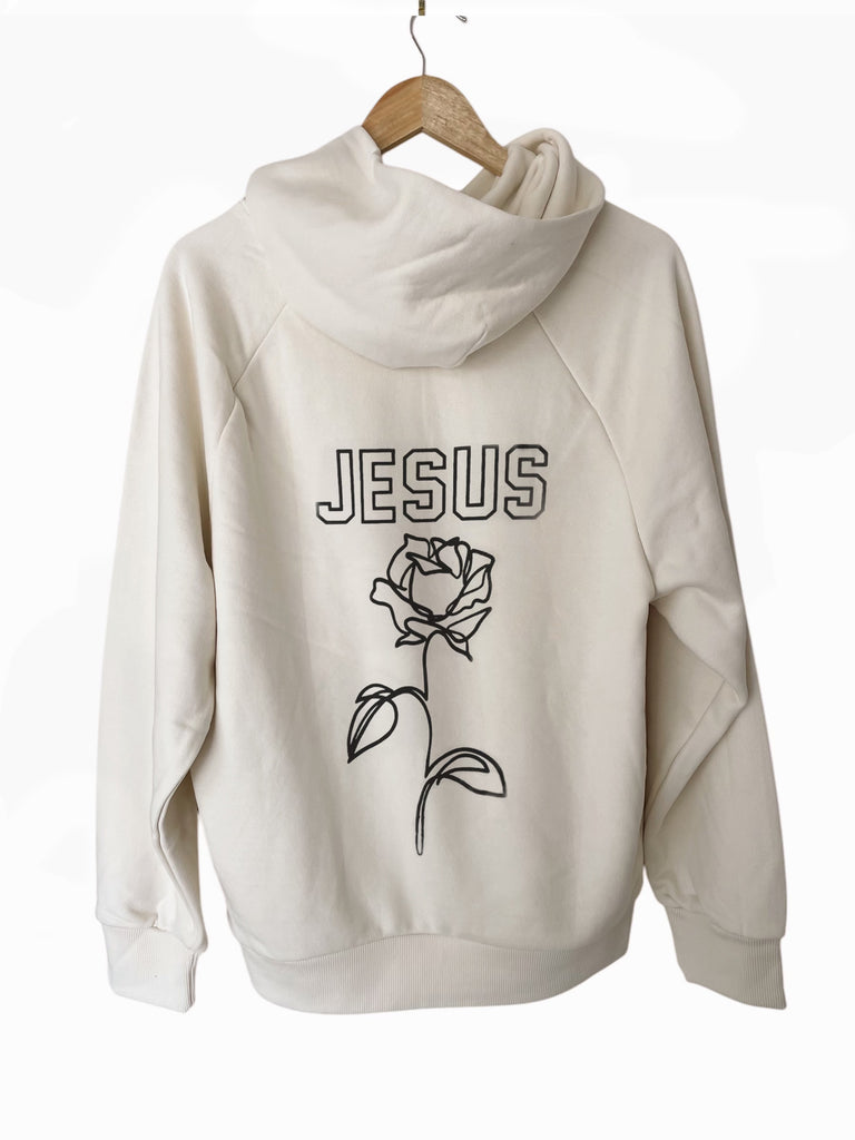 JESUS ROSE CREAM BLACK PRINT HOODIE