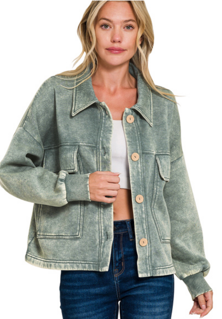 BELIEVE ACID WASH ASH JADE FLEECE CROPPED JACKET