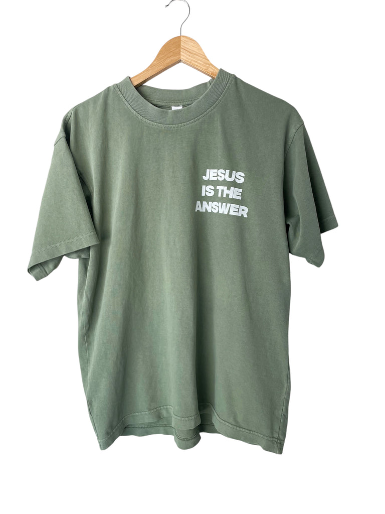 JESUS IS THE ANSWER VINTAGE PINE SLEEVE T-SHIRT