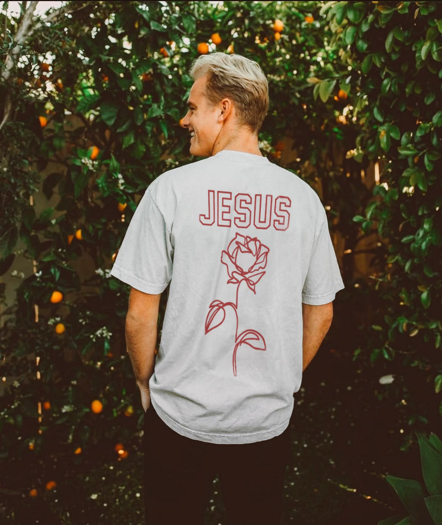 JESUS ROSE WHITE T-SHIRT RED PRINT