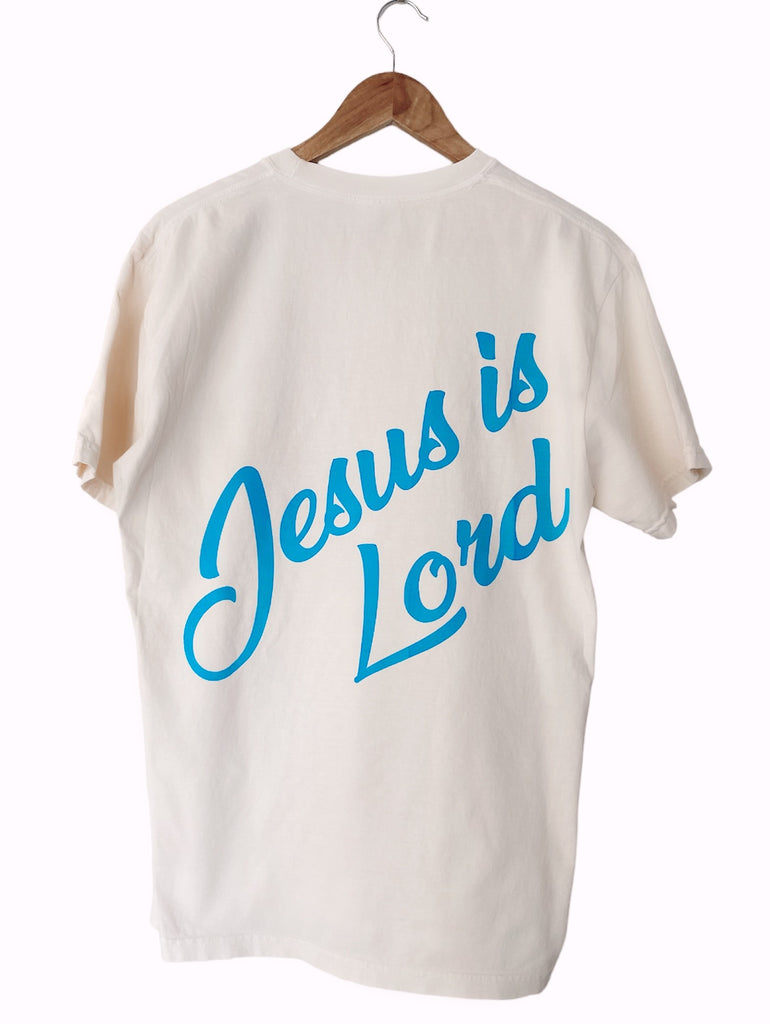 JESUS IS LORD IVORY SLEEVE T-SHIRT NEON BLUE PRINT