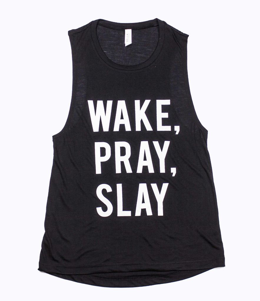 WAKE, PRAY, SLAY BLACK WOMENS MUSCLE TANK