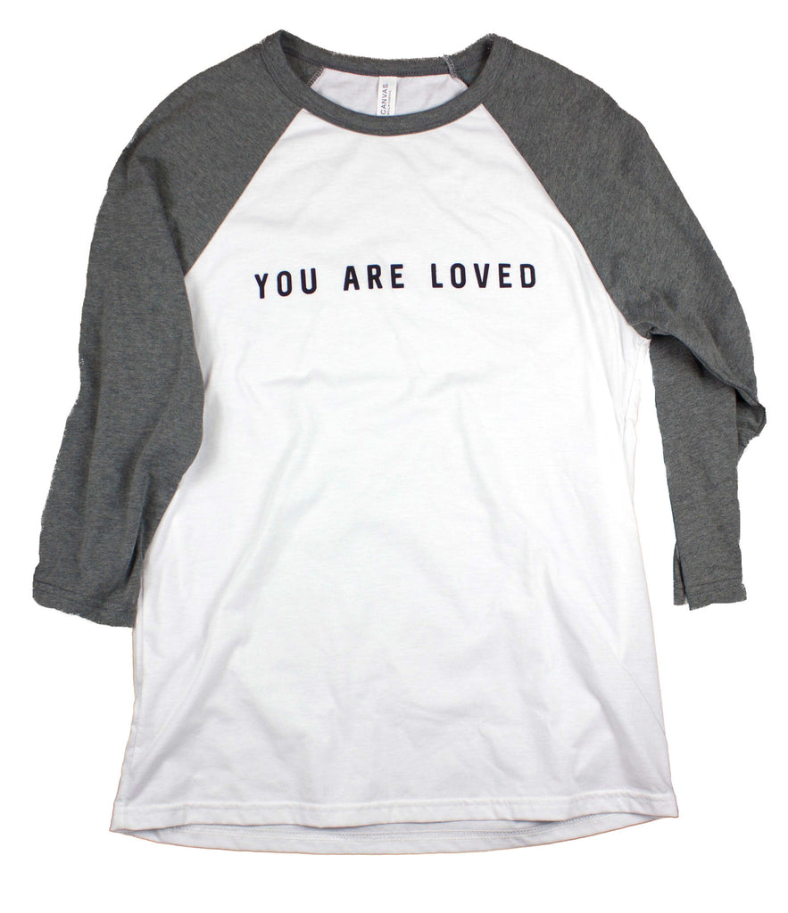 YOU ARE LOVED WHITE/DEEP HEATHER RAGLAN BASEBALL T-SHIRT