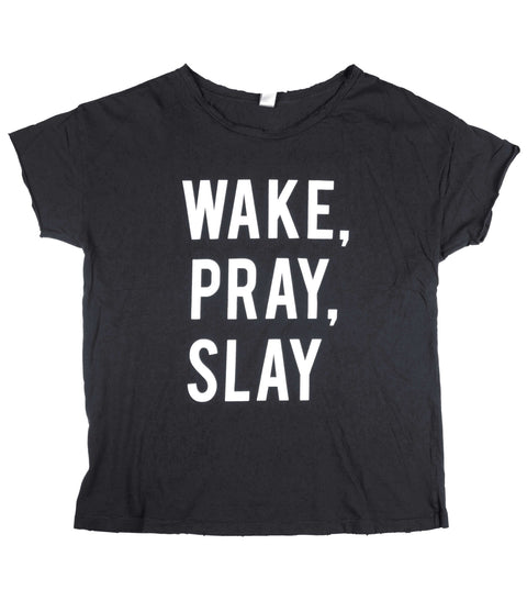 WAKE, PRAY, SLAY BLACK DISTRESSED WOMEN'S FITTED T-SHIRT