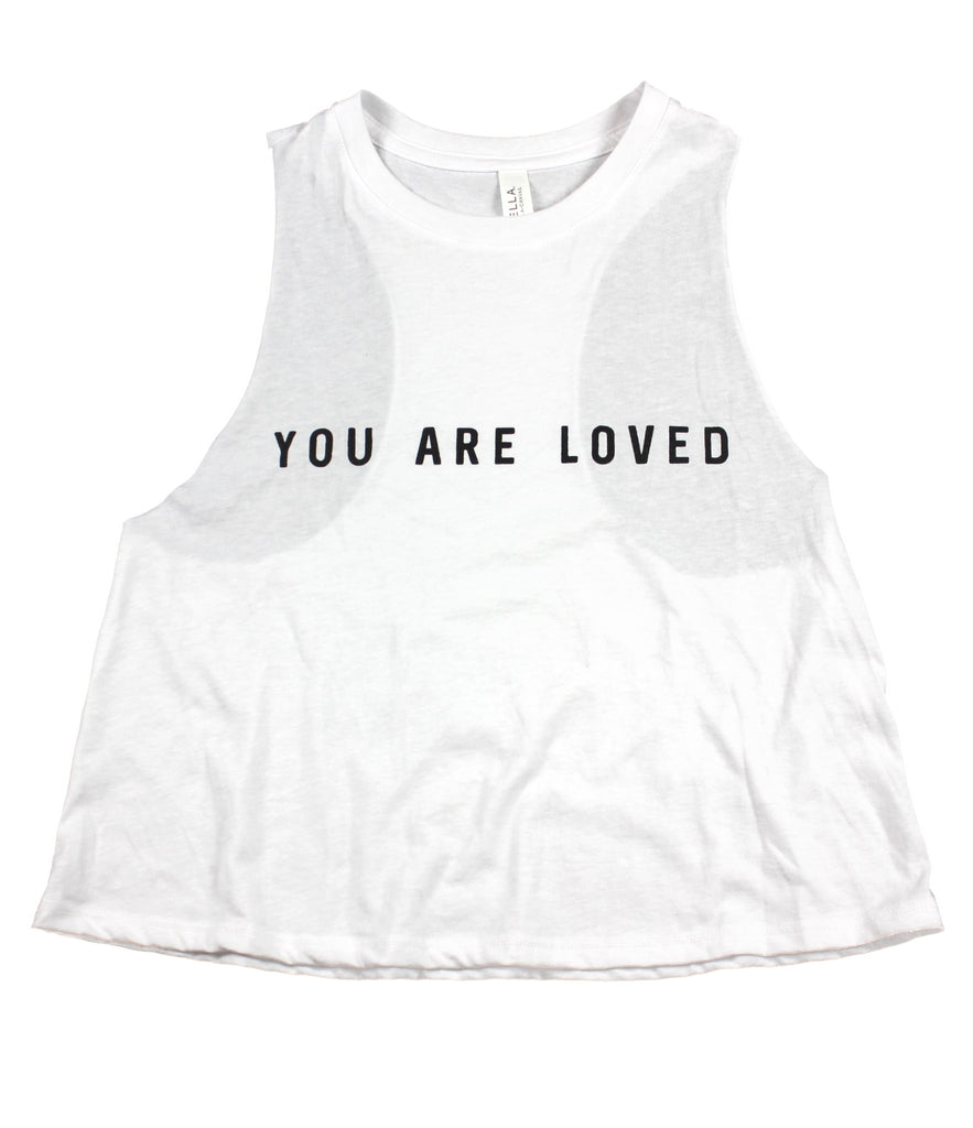 YOU ARE LOVED WHITE WOMEN'S RACERBACK CROPPED TANK
