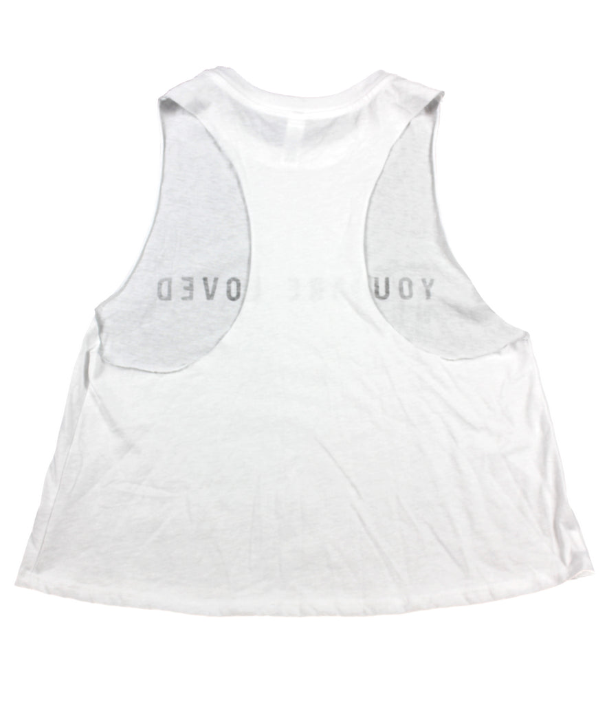 YOU ARE LOVED WHITE WOMEN'S RACERBACK CROPPED TANK