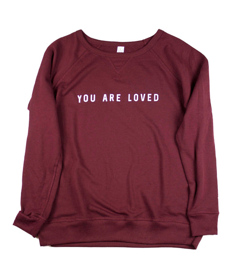 YOU ARE LOVED VINTAGE CRANBERRY WOMEN'S FRENCH TERRY SWEATSHIRT