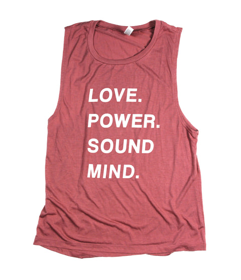 LOVE POWER SOUND MIND MAUVE WOMEN'S FLOWY MUSCLE TANK