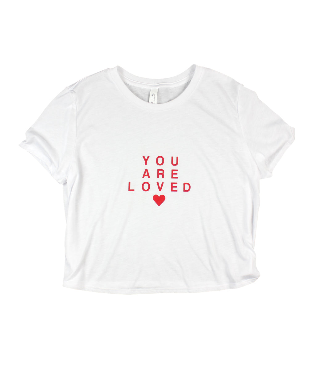 YOU ARE LOVED RED LETTER WHITE WOMEN'S FLOWY CROPPED TEE