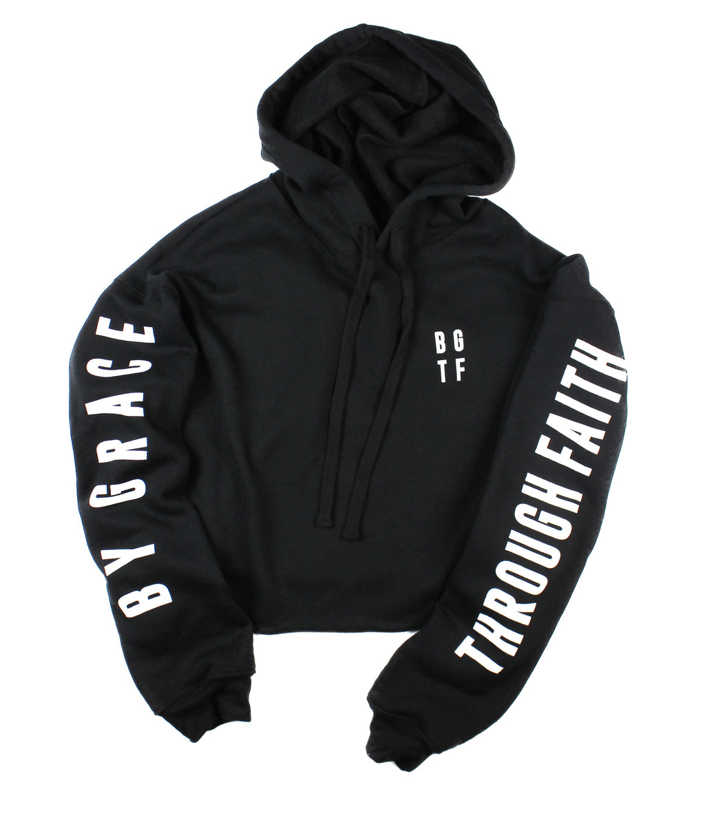 BY GRACE THROUGH FAITH BLACK CROPPED HOODIE