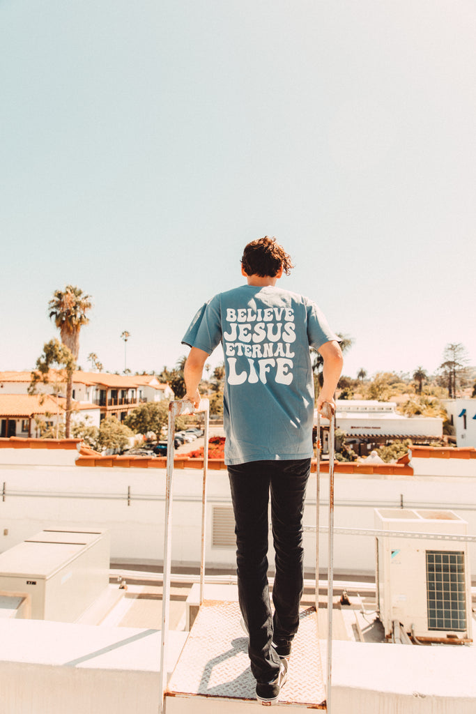 BELIEVE JESUS ETERNAL LIFE VINTAGE BLUE SLEEVE T-SHIRT