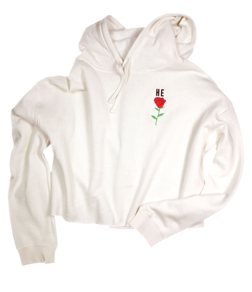 HE ROSE EMBROIDERED CREAM CROPPED HOODIE