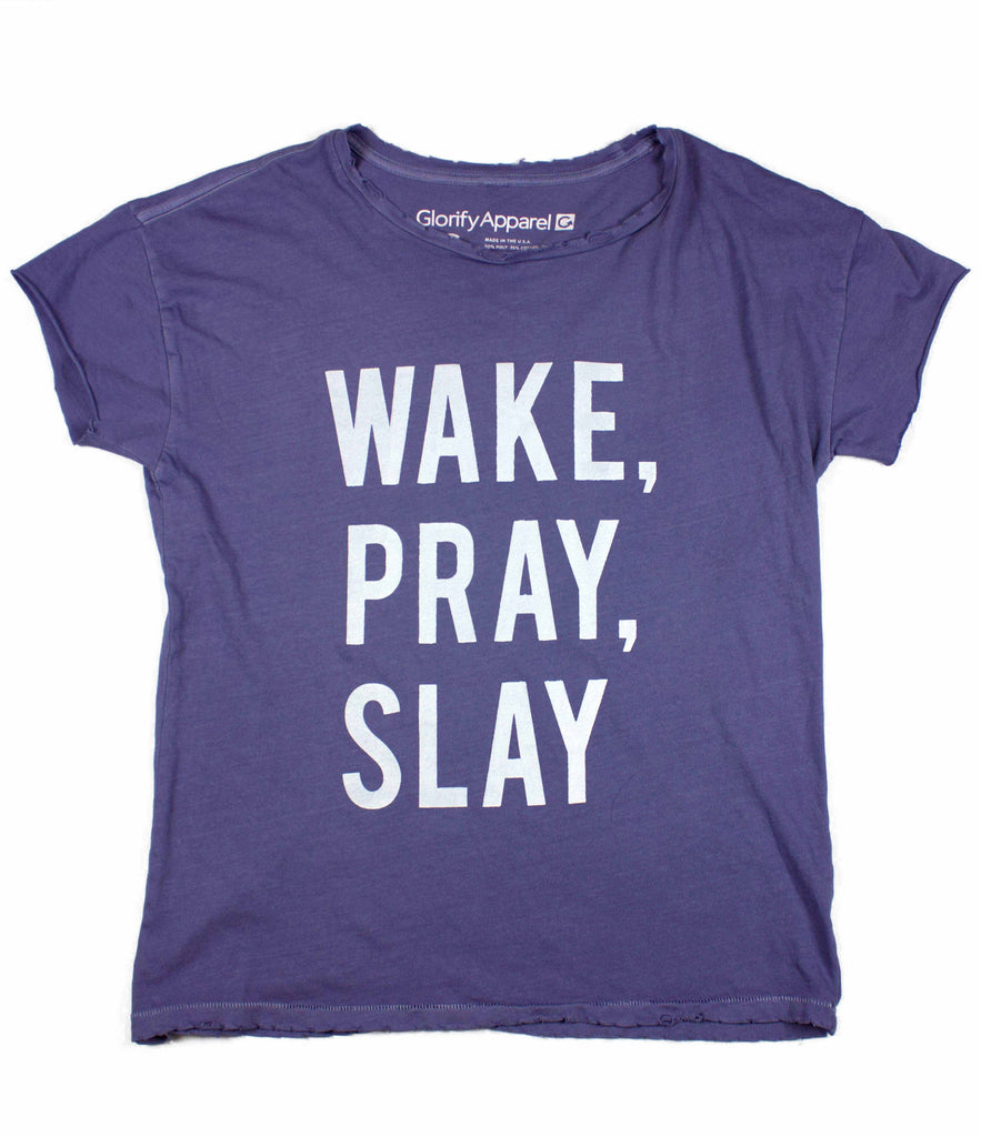 WAKE PRAY SLAY LILAC DISTRESSED WOMEN'S TEE