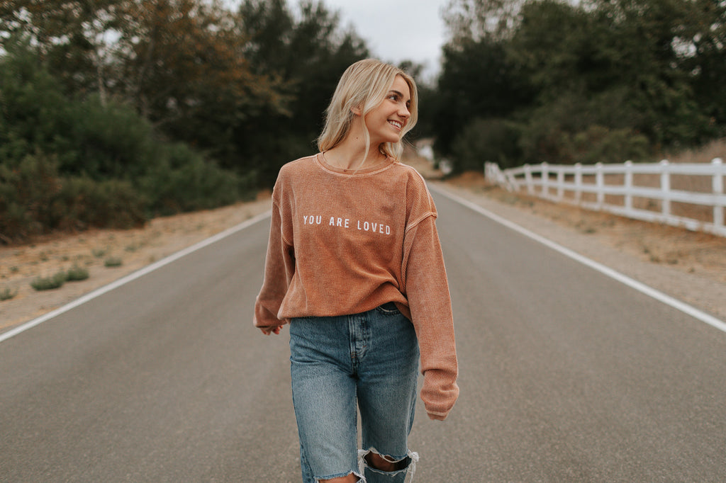 YOU ARE LOVED TAN CORDUROY PULLOVER