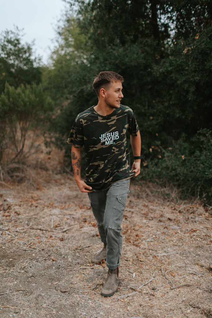 JESUS SAVED ME CAMO SLEEVE T-SHIRT