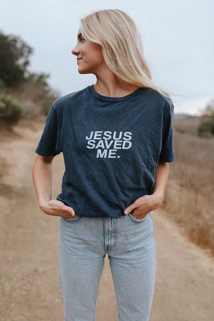 JESUS SAVED ME NAVY VINTAGE SLEEVE T-SHIRT