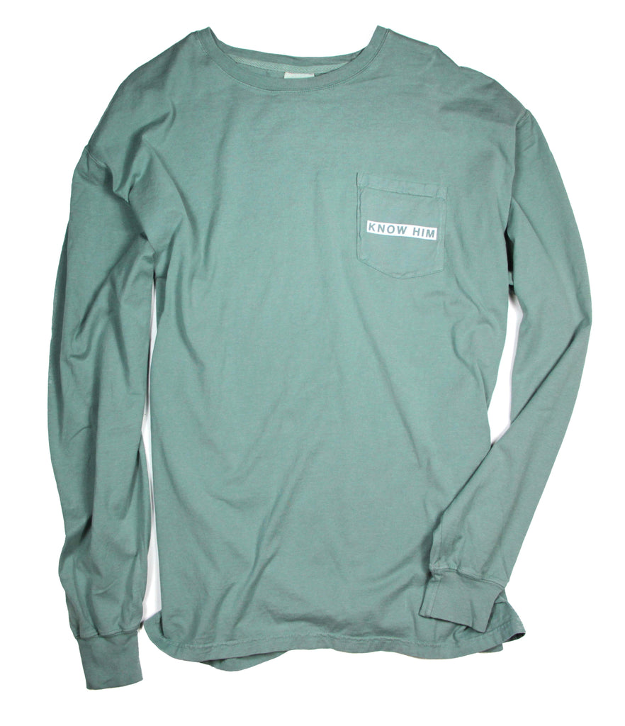 KNOW HIM & MAKE HIM KNOWN VINTAGE GREEN POCKET LONG-SLEEVE