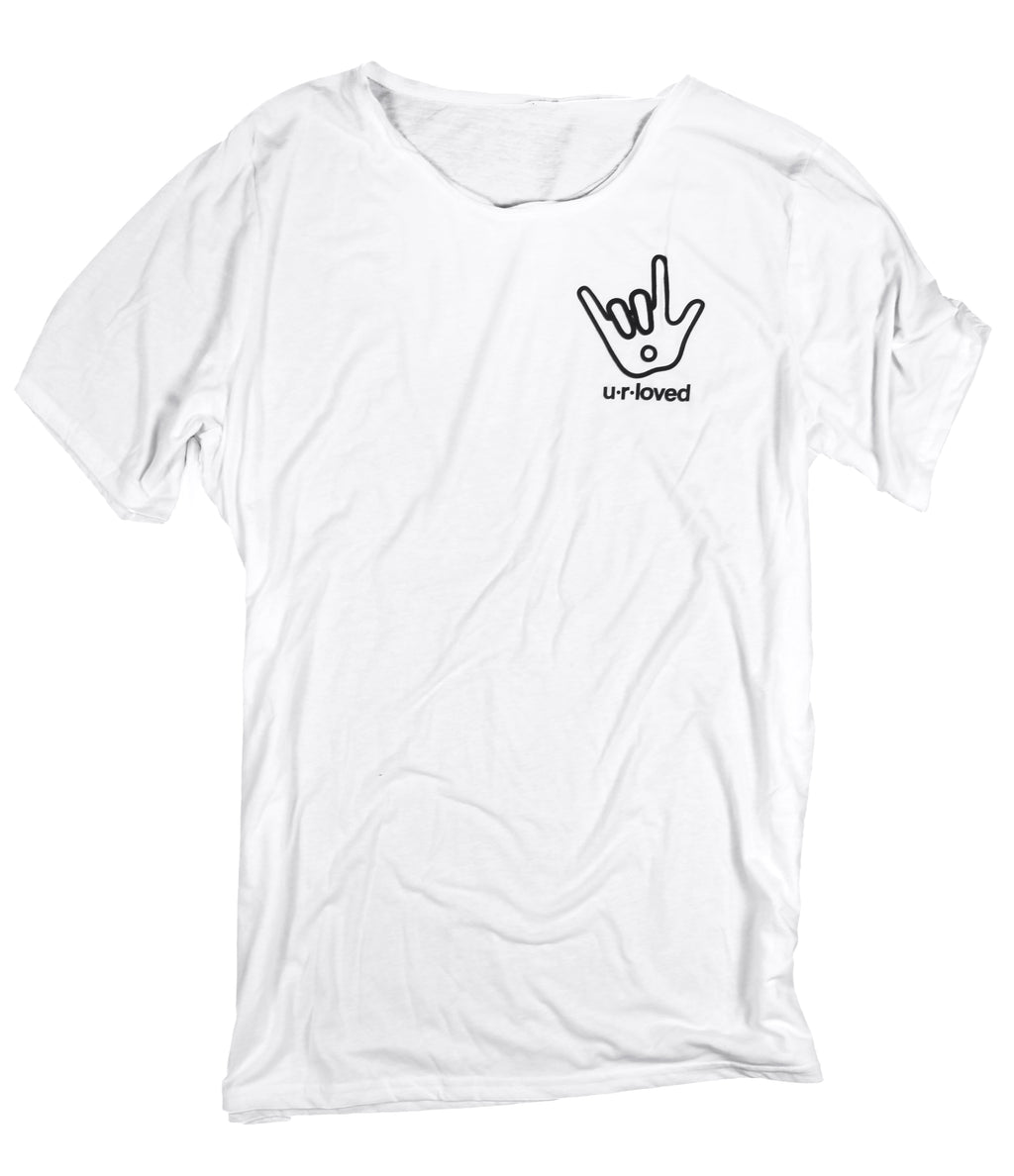 U.R. LOVED SIGN LANGUAGE WHITE RAW NECK T-SHIRT