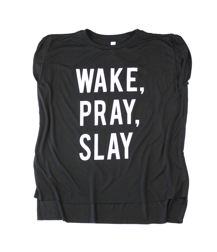 WAKE, PRAY, SLAY BLACK WOMEN'S ROLLED CUFF MUSCLE T-SHIRT