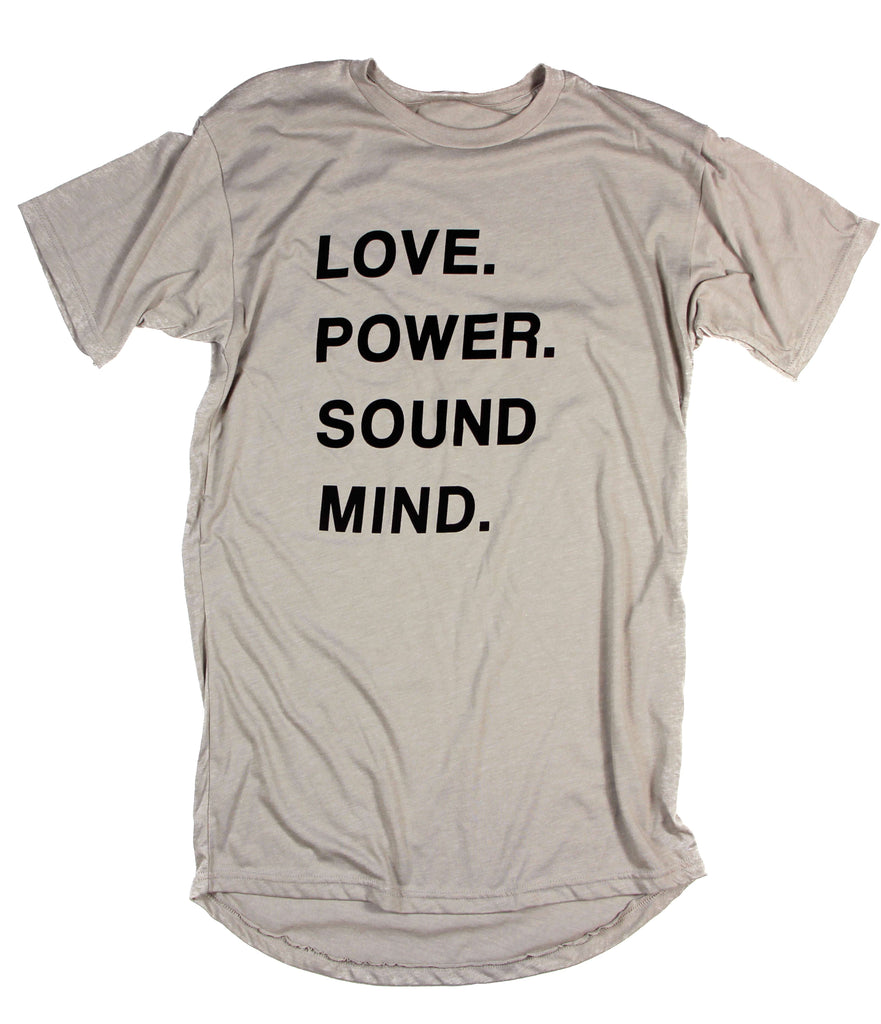 LOVE POWER SOUND MIND CONCRETE CURVED HEM TEE