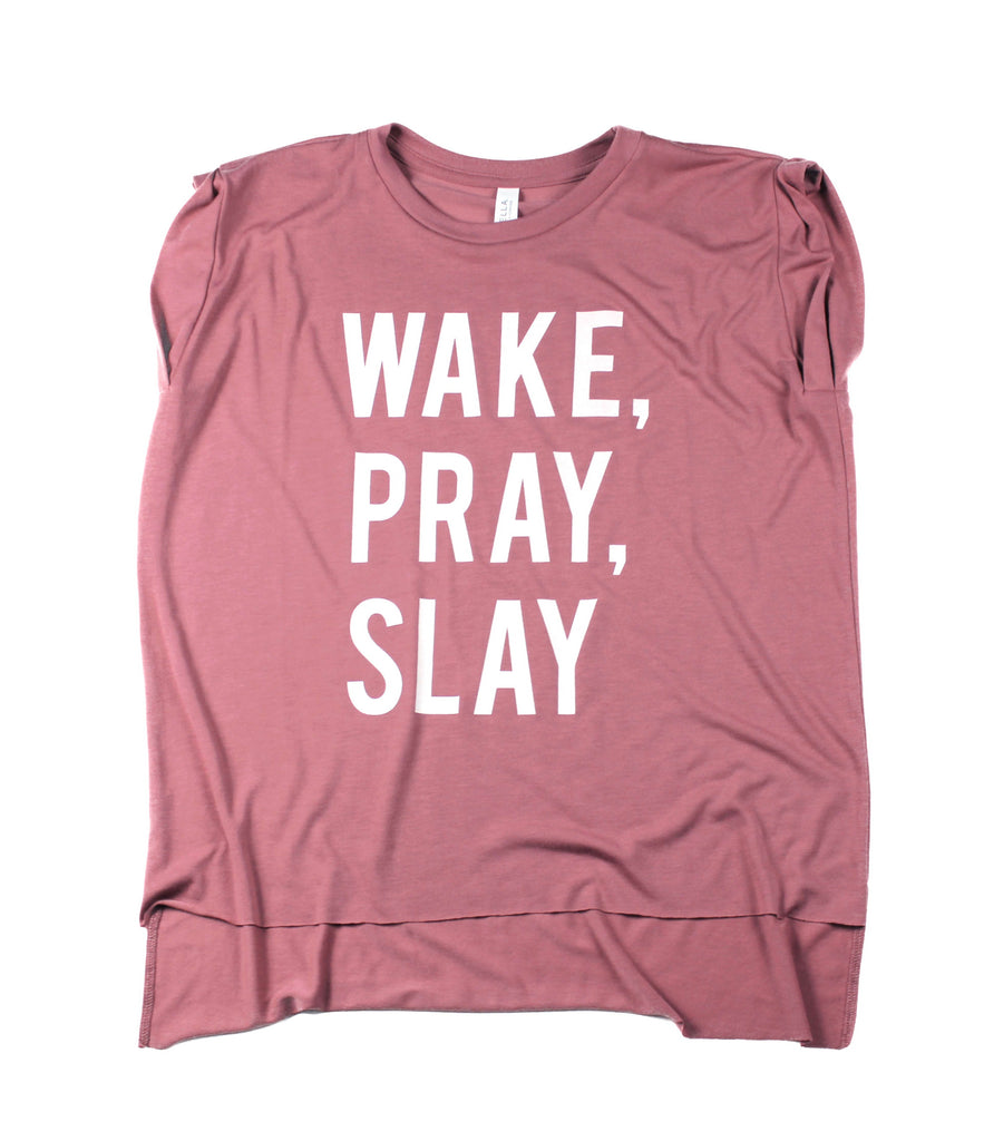WAKE PRAY SLAY MAUVE WOMEN'S ROLLED CUFF MUSCLE T-SHIRT