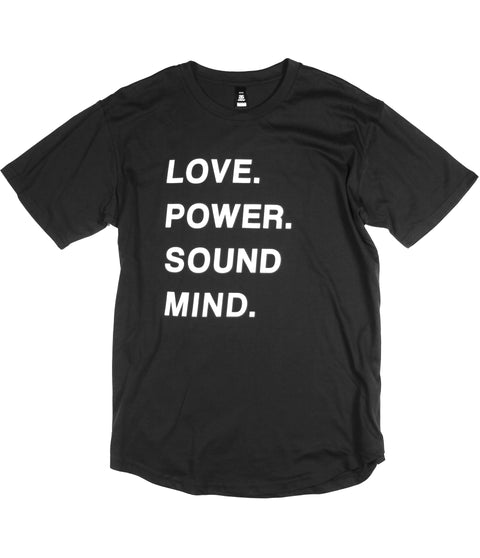LOVE POWER SOUND MIND BLACK CURVED HEM TEE