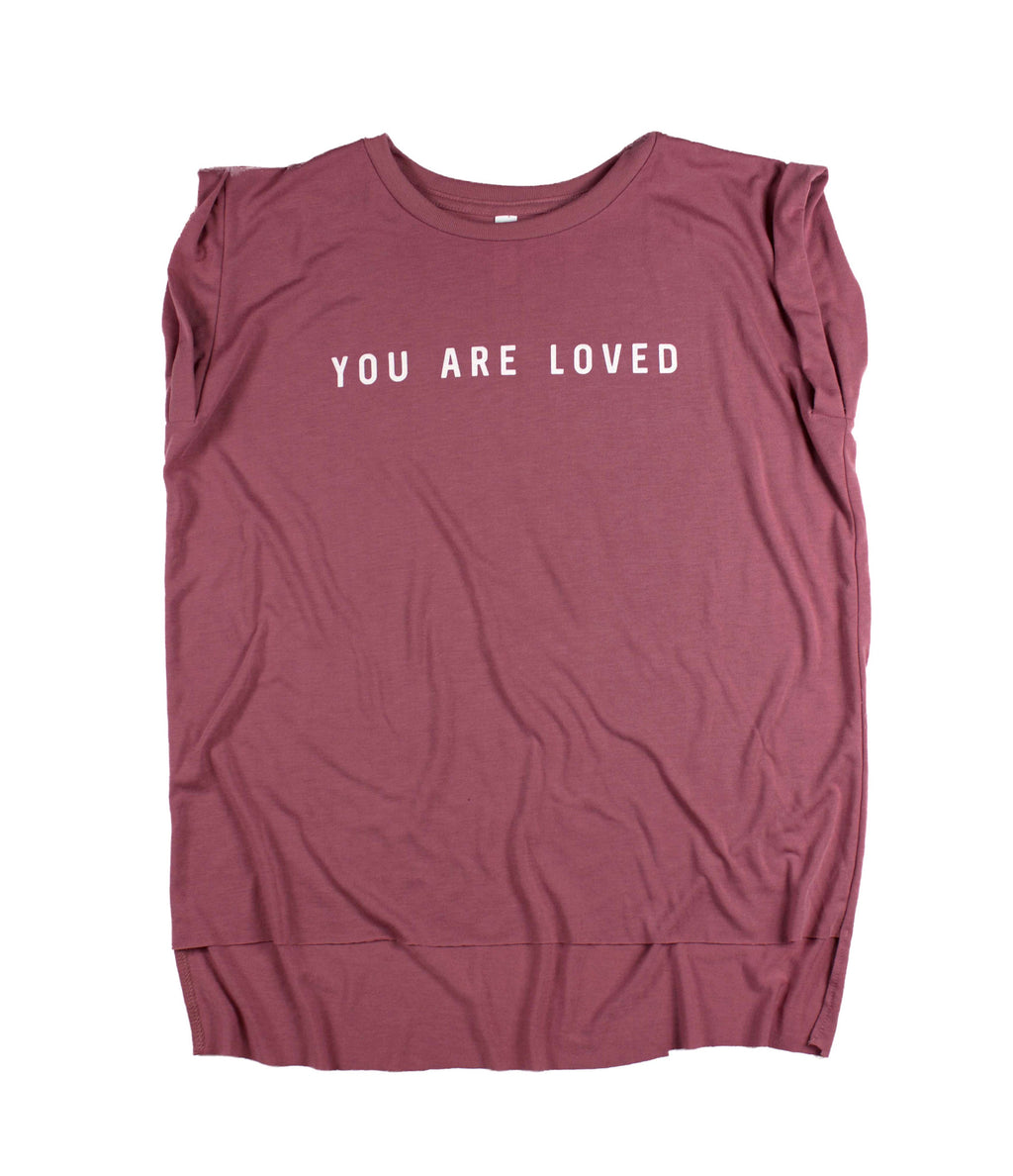 YOU ARE LOVED MAUVE WOMEN'S ROLLED CUFF MUSCLE T-SHIRT