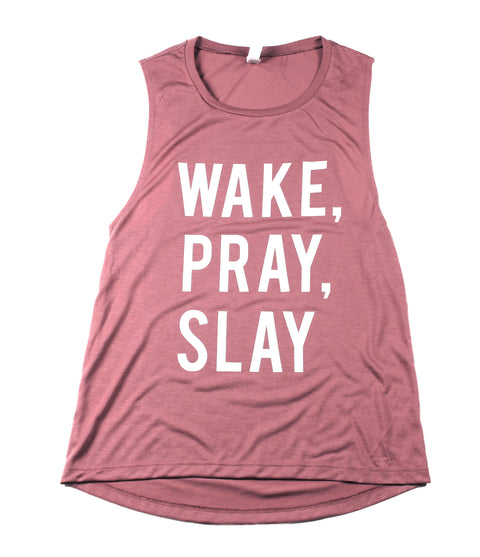 WAKE PRAY SLAY MAUVE WOMEN'S FLOWY MUSCLE TANK