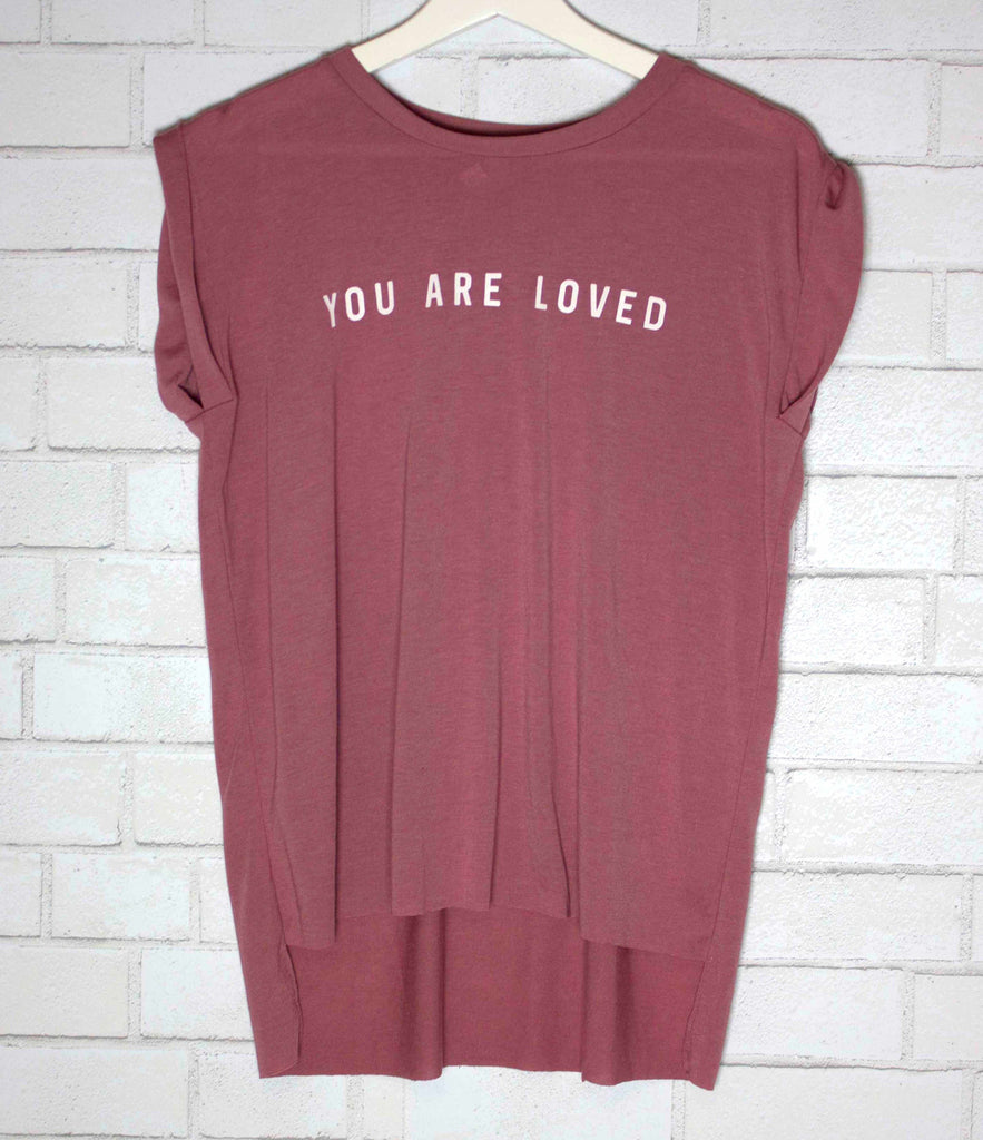 YOU ARE LOVED MAUVE WOMEN'S ROLLED CUFF MUSCLE T-SHIRT