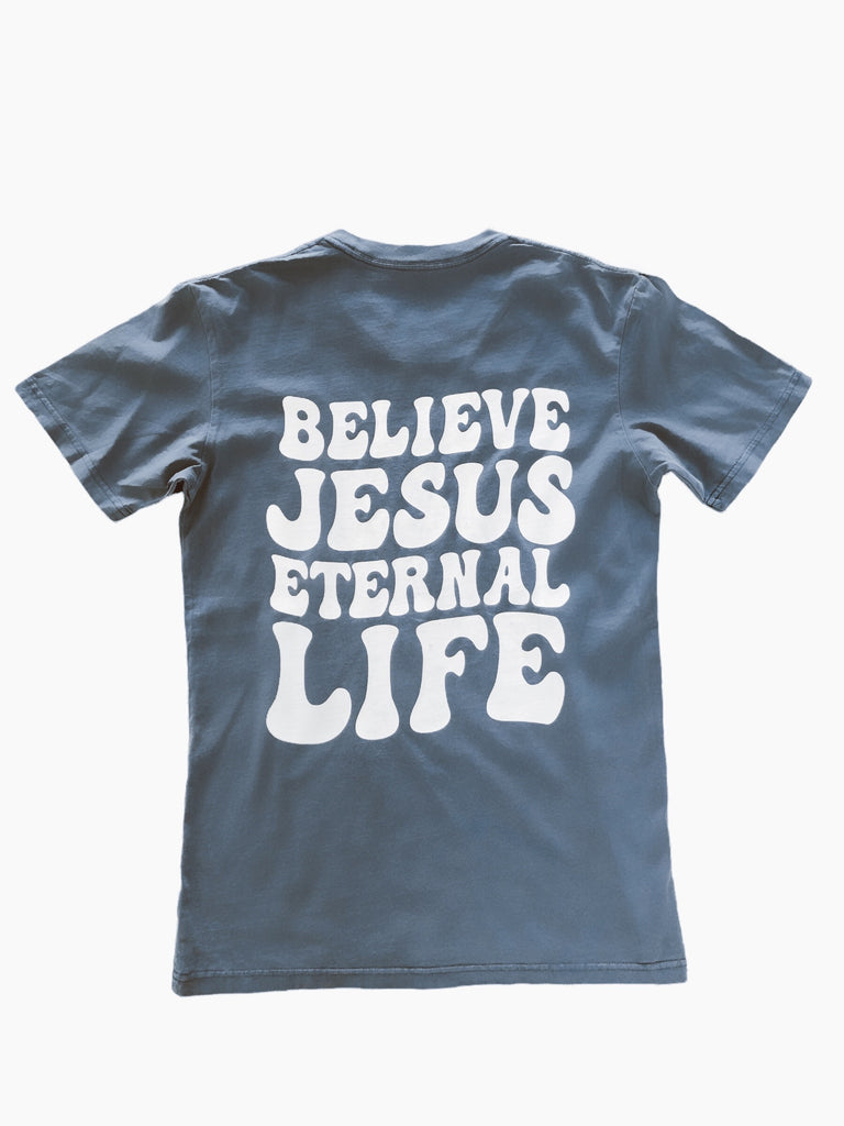 BELIEVE JESUS ETERNAL LIFE VINTAGE BLUE SLEEVE T-SHIRT