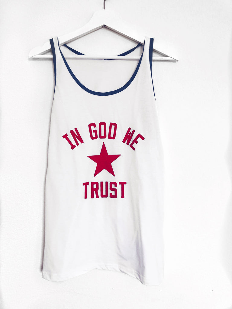 IN GOD WE TRUST RED, WHITE, BLUE RINGER TANK