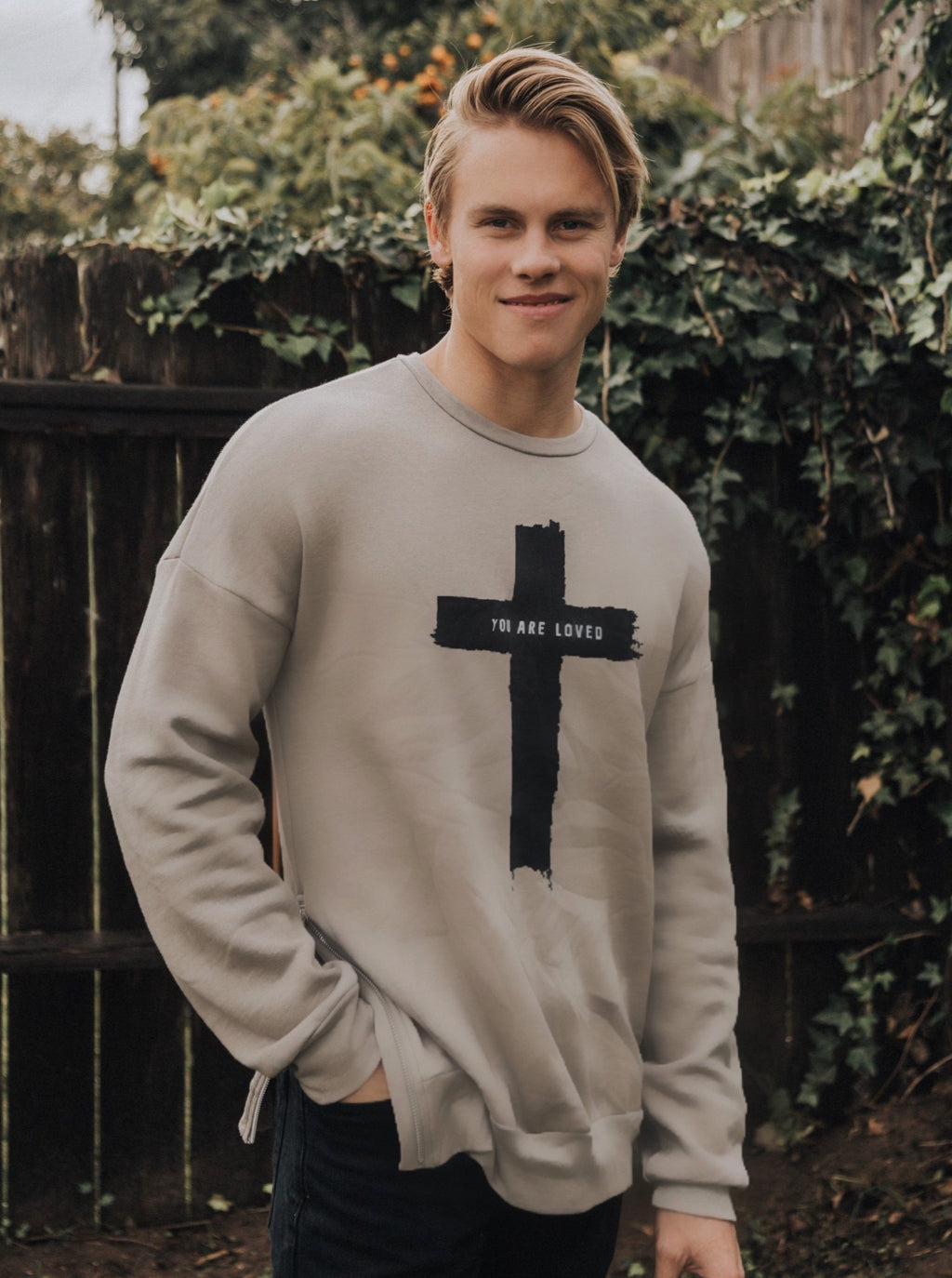CROSS YOU ARE LOVED STONE CREW NECK SWEATSHIRT