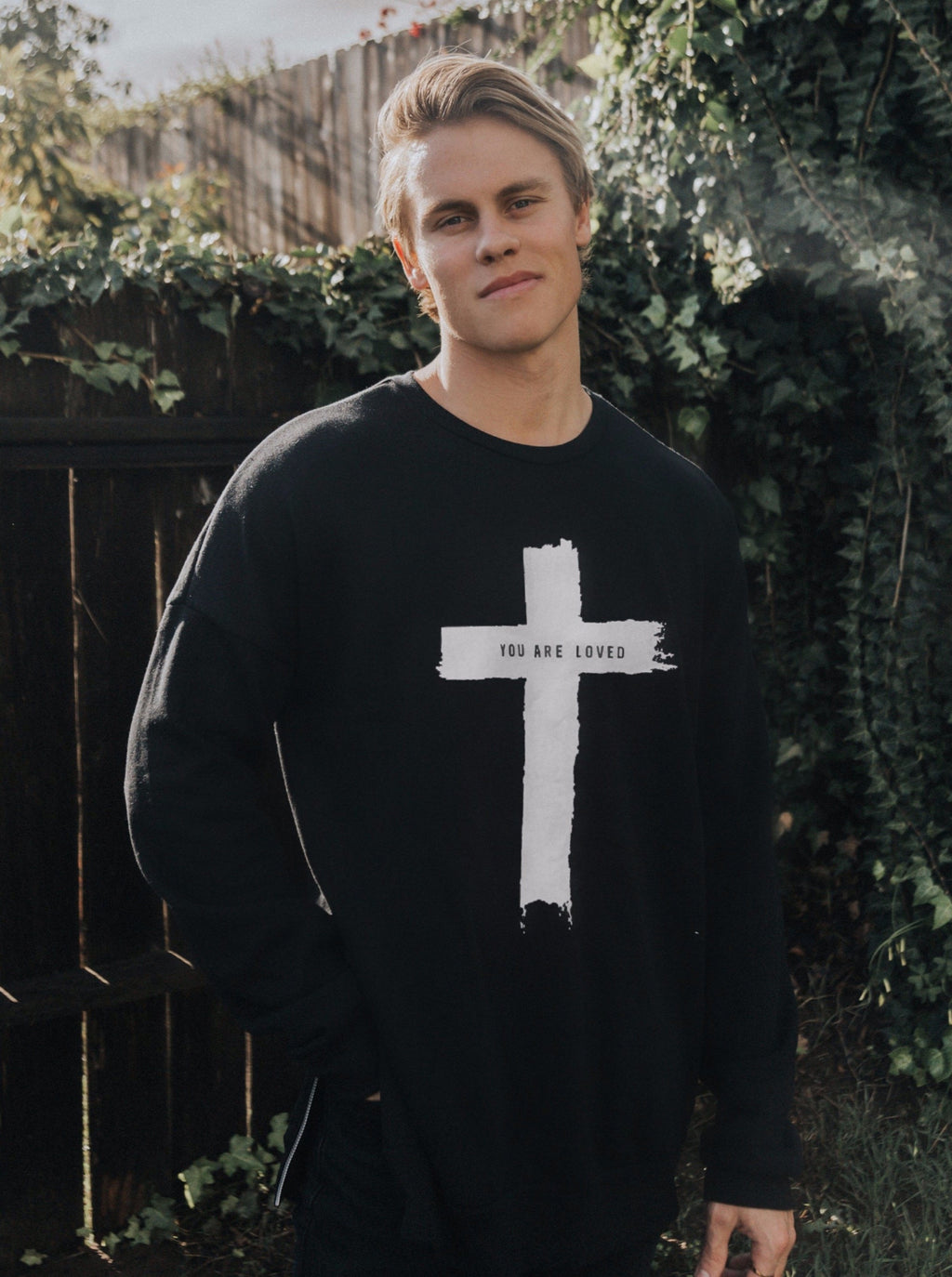 CROSS YOU ARE LOVED BLACK CREW NECK SWEATSHIRT WITH SIDE ZIPPERS