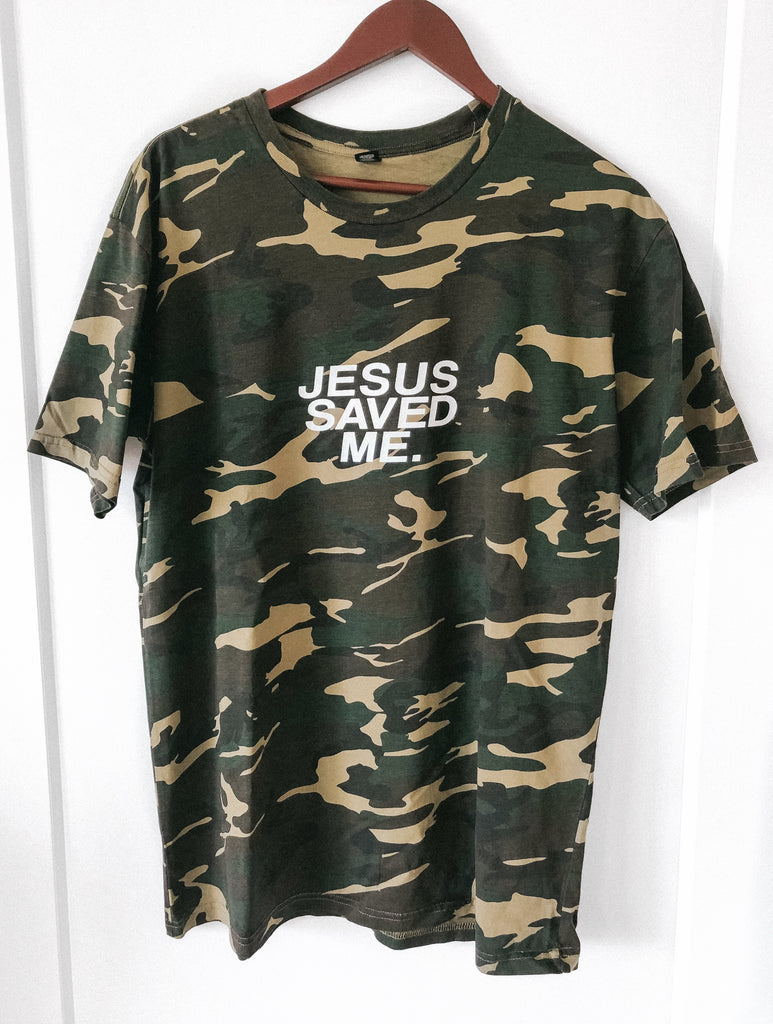 JESUS SAVED ME CAMO SLEEVE T-SHIRT
