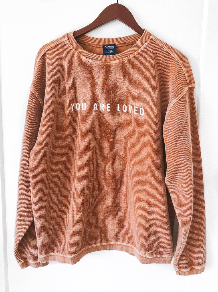 YOU ARE LOVED TAN CORDUROY PULLOVER
