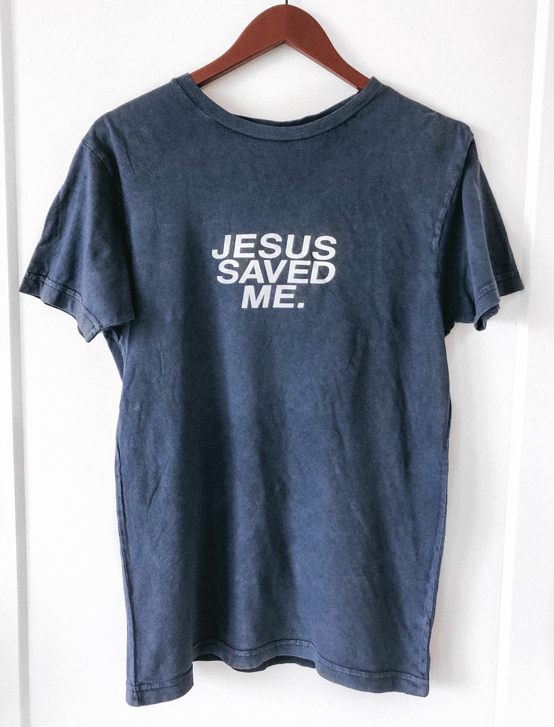 JESUS SAVED ME NAVY VINTAGE SLEEVE T-SHIRT