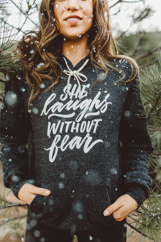 SHE LAUGHS CHARCOAL GRAY PULLOVER HOODIE