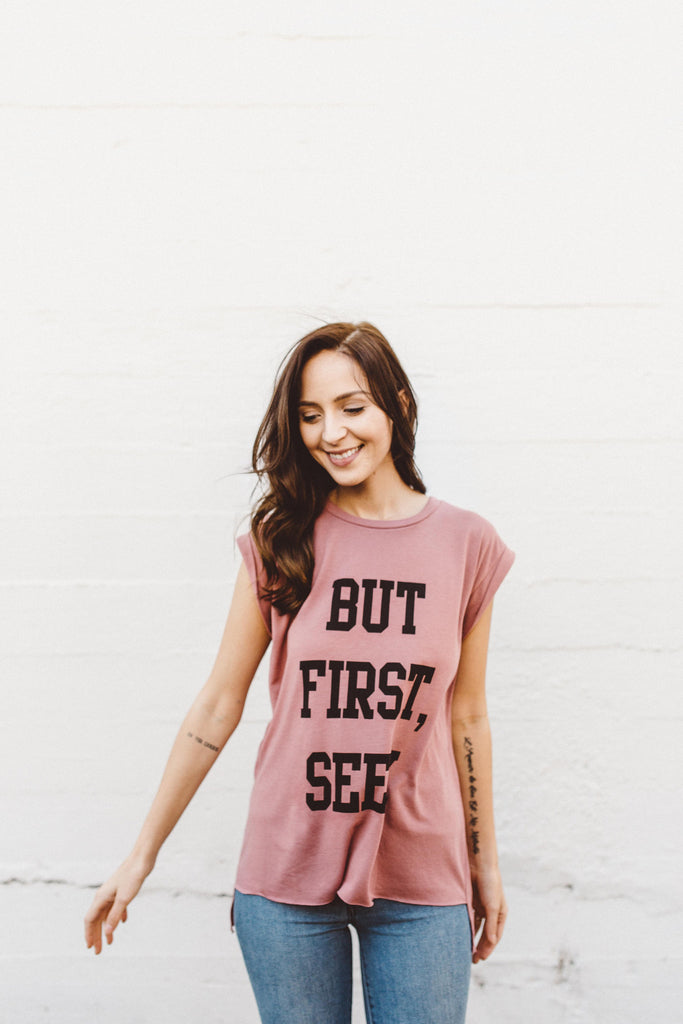 BUT, FIRST SEEK DUSTY ROSE WOMEN'S ROLLED CUFF MUSCLE T-SHIRT
