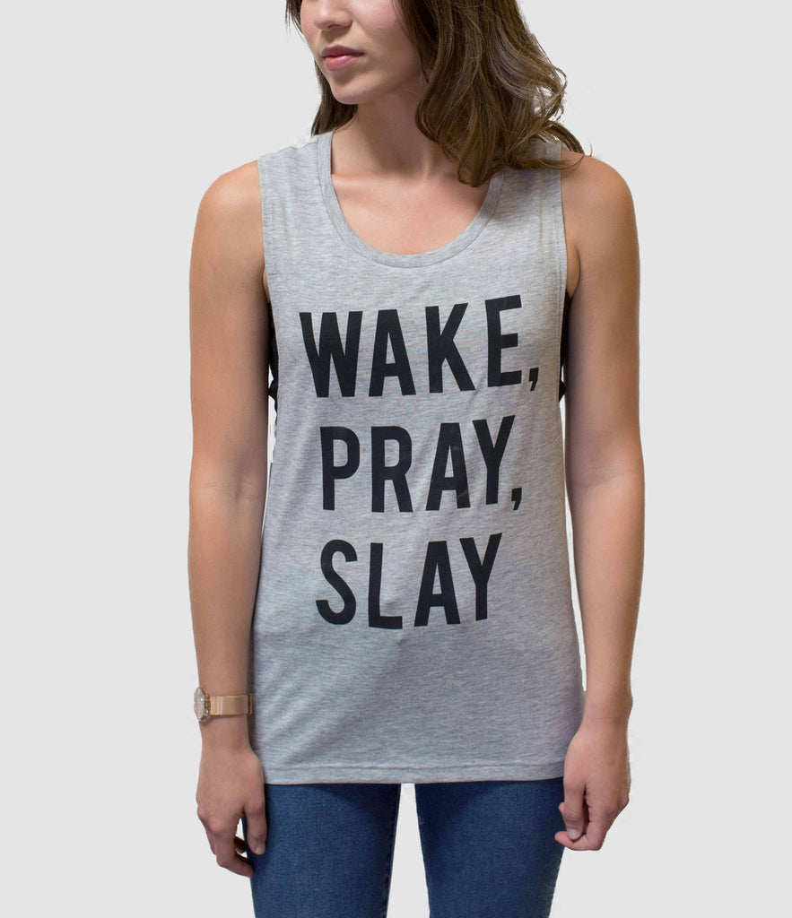 WAKE, PRAY, SLAY, WOMEN'S MUSCLE TANK