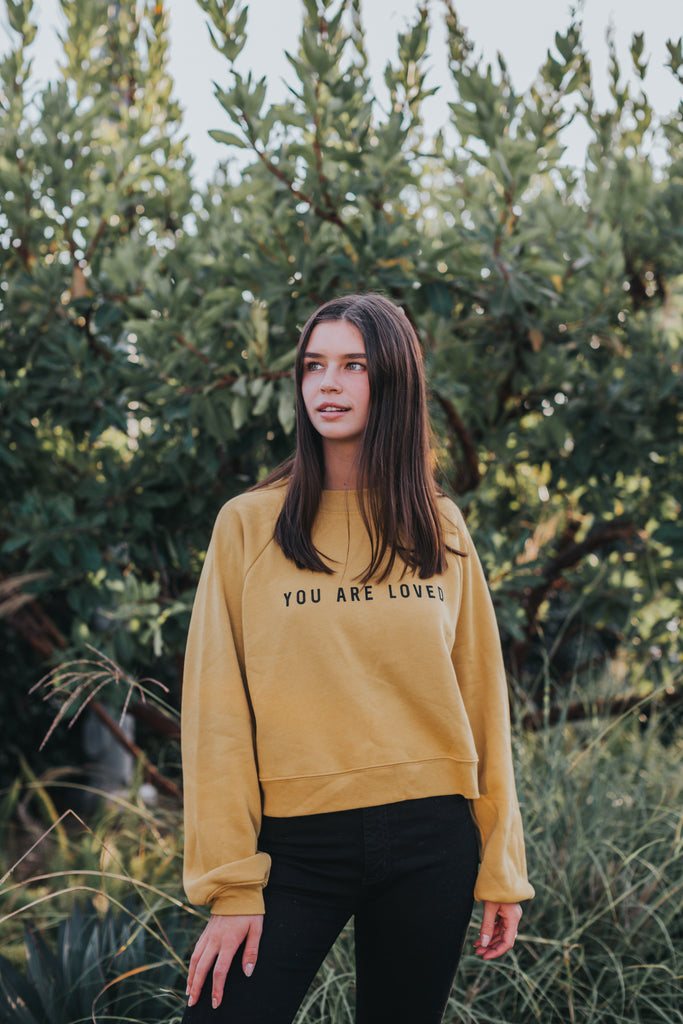 YOU ARE LOVED MUSTARD WOMEN'S RAGLAN PULLOVER FLEECE