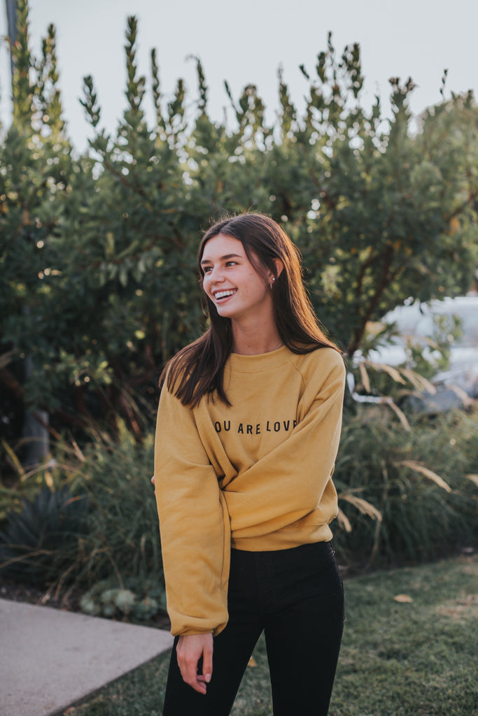 YOU ARE LOVED MUSTARD WOMEN'S RAGLAN PULLOVER FLEECE