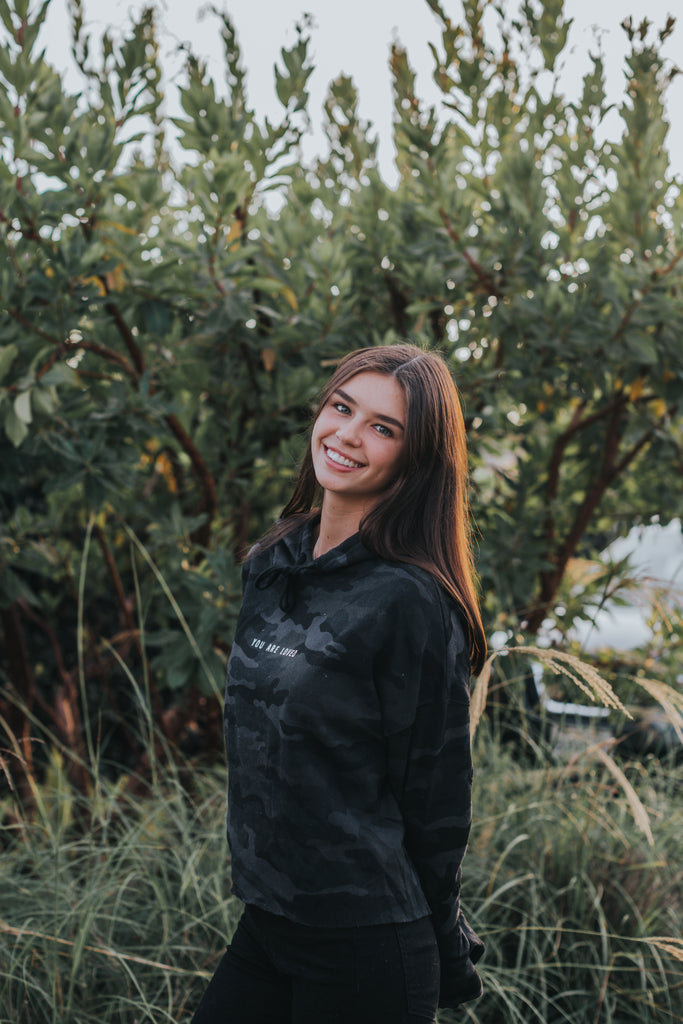 YOU ARE LOVED BLACK CAMO CROPPED HOODIE