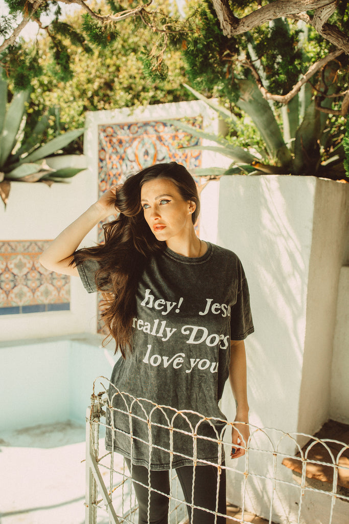 HEY! JESUS REALLY DOES LOVE YOU BLACK MINERAL WASH SLEEVE T-SHIRT