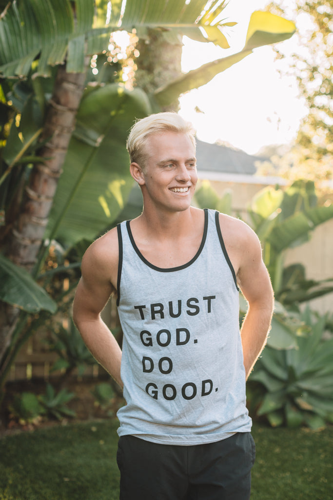 TRUST GOD. DO GOOD. GREY UNISEX RINGER TANK