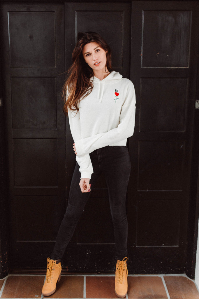 HE ROSE EMBROIDERED CREAM CROPPED HOODIE