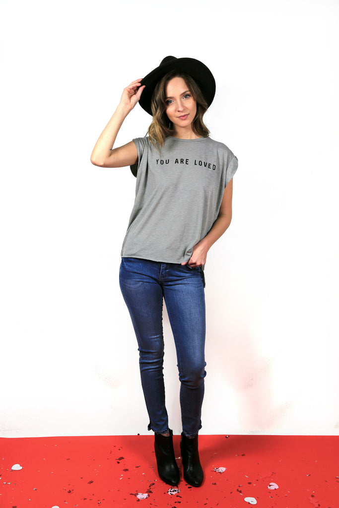 YOU ARE LOVED CONCRETE WOMEN'S ROLLED CUFF MUSCLE T-SHIRT