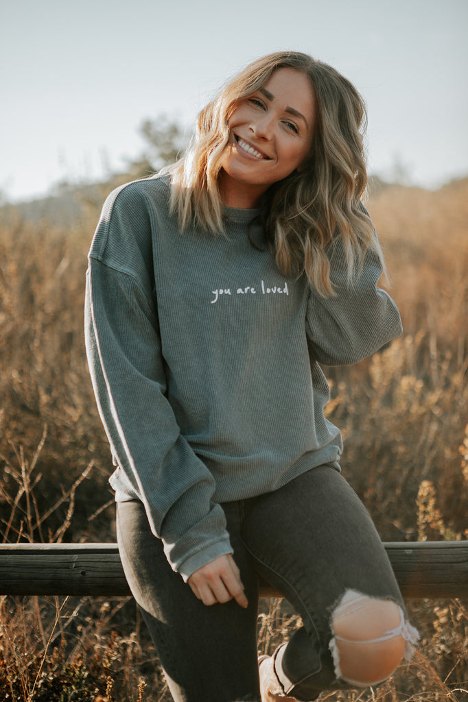 YOU ARE LOVED SLATE BLUE CORDUROY PULLOVER
