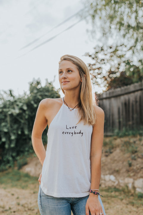 LOVE EVERYBODY WHITE WOMEN'S FLOWY HIGH NECK TANK