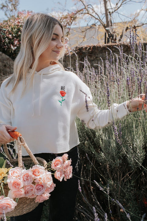 HE ROSE EMBROIDERED CREAM CROPPED HOODIE